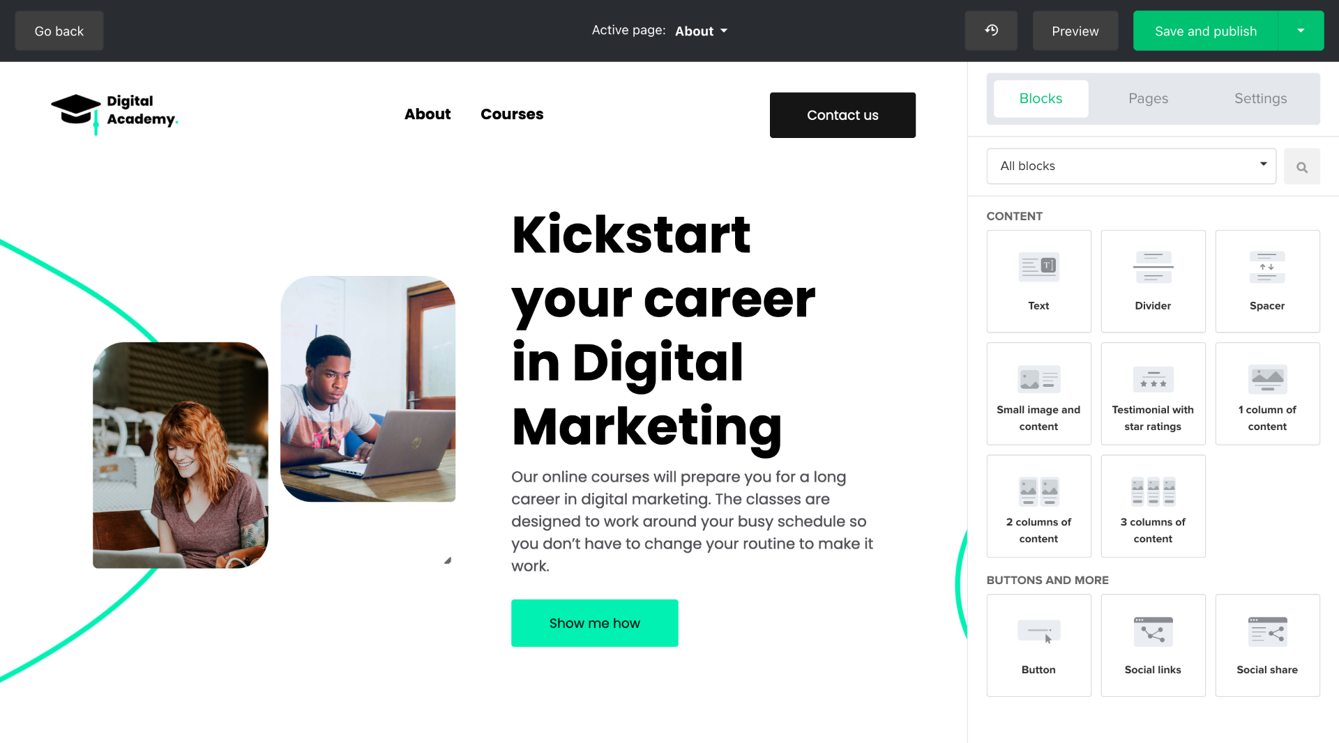 MailerLite Website Builder Interface