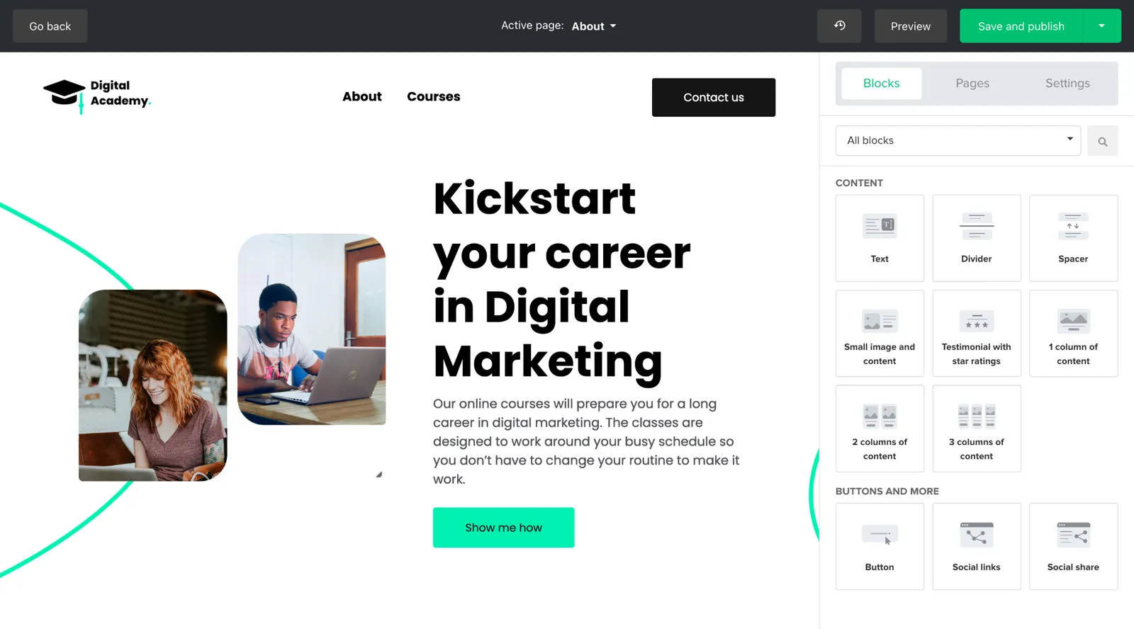 MailerLite Website Builder Interface