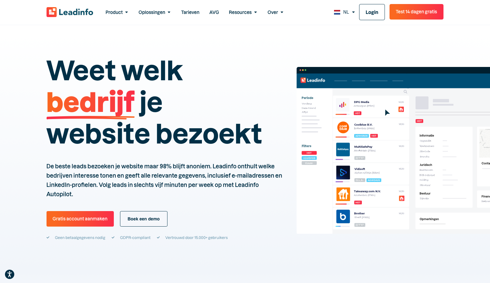 Leadinfo dashboard toont welke bedrijven je website bezoeken