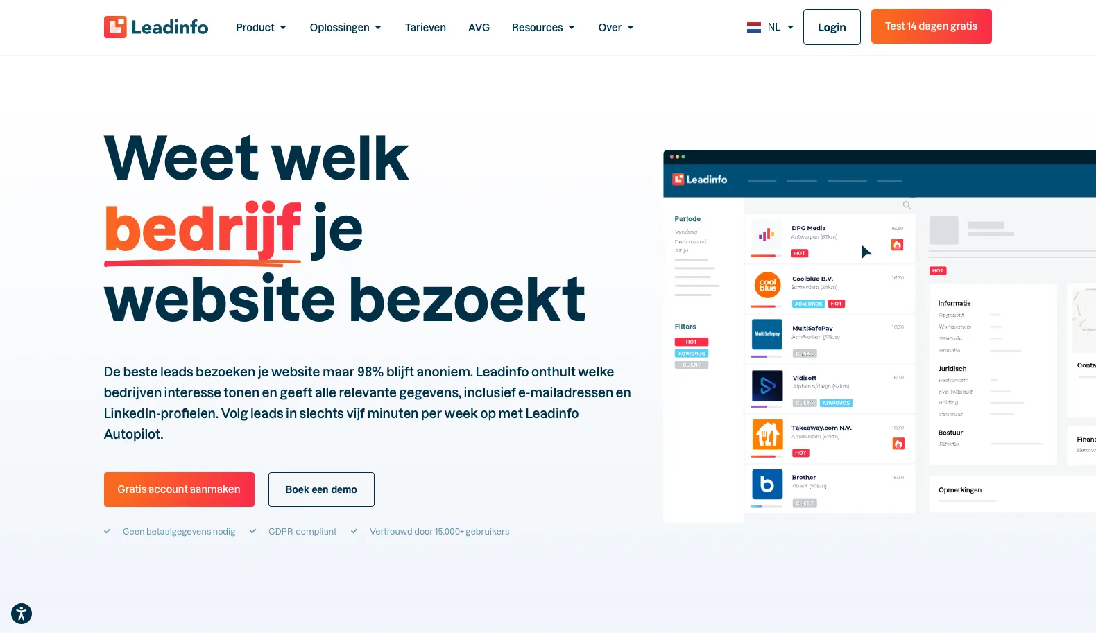 Leadinfo dashboard toont welke bedrijven je website bezoeken
