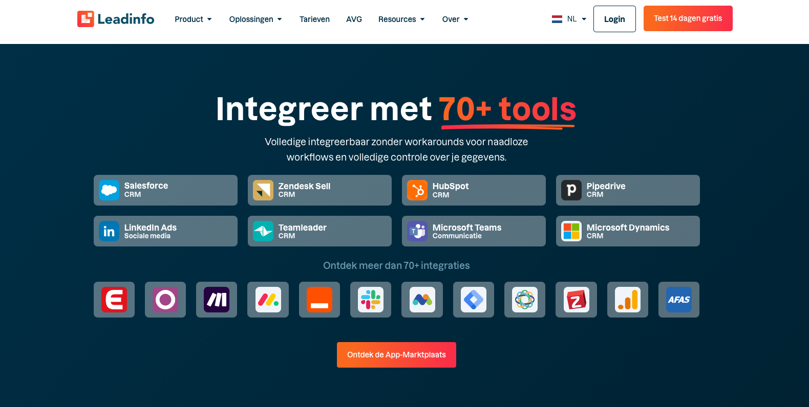 Leadinfo integreert met meer dan 70 tools zoals Salesforce, HubSpot en Pipedrive