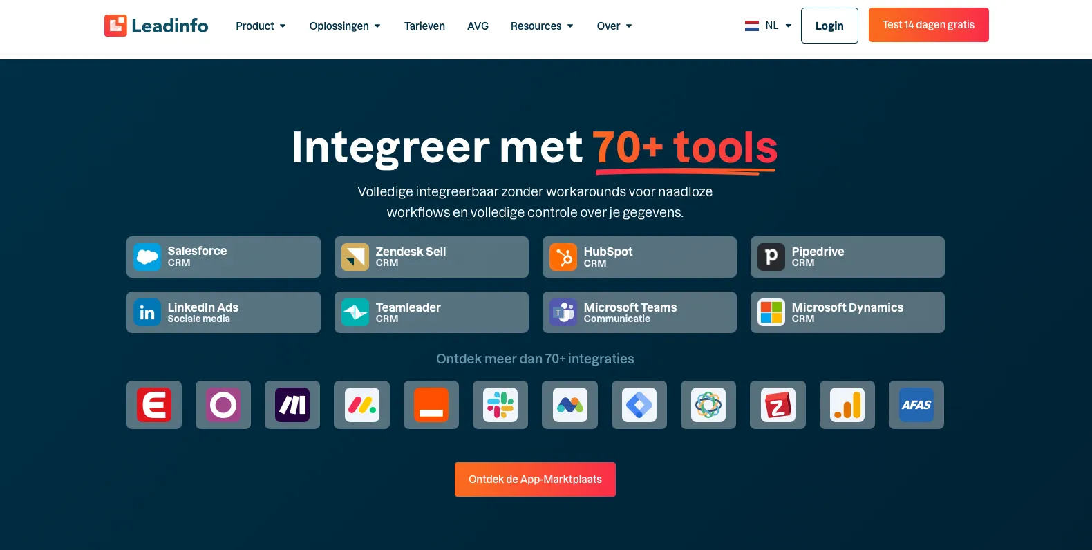 Leadinfo integreert met meer dan 70 tools zoals Salesforce, HubSpot en Pipedrive